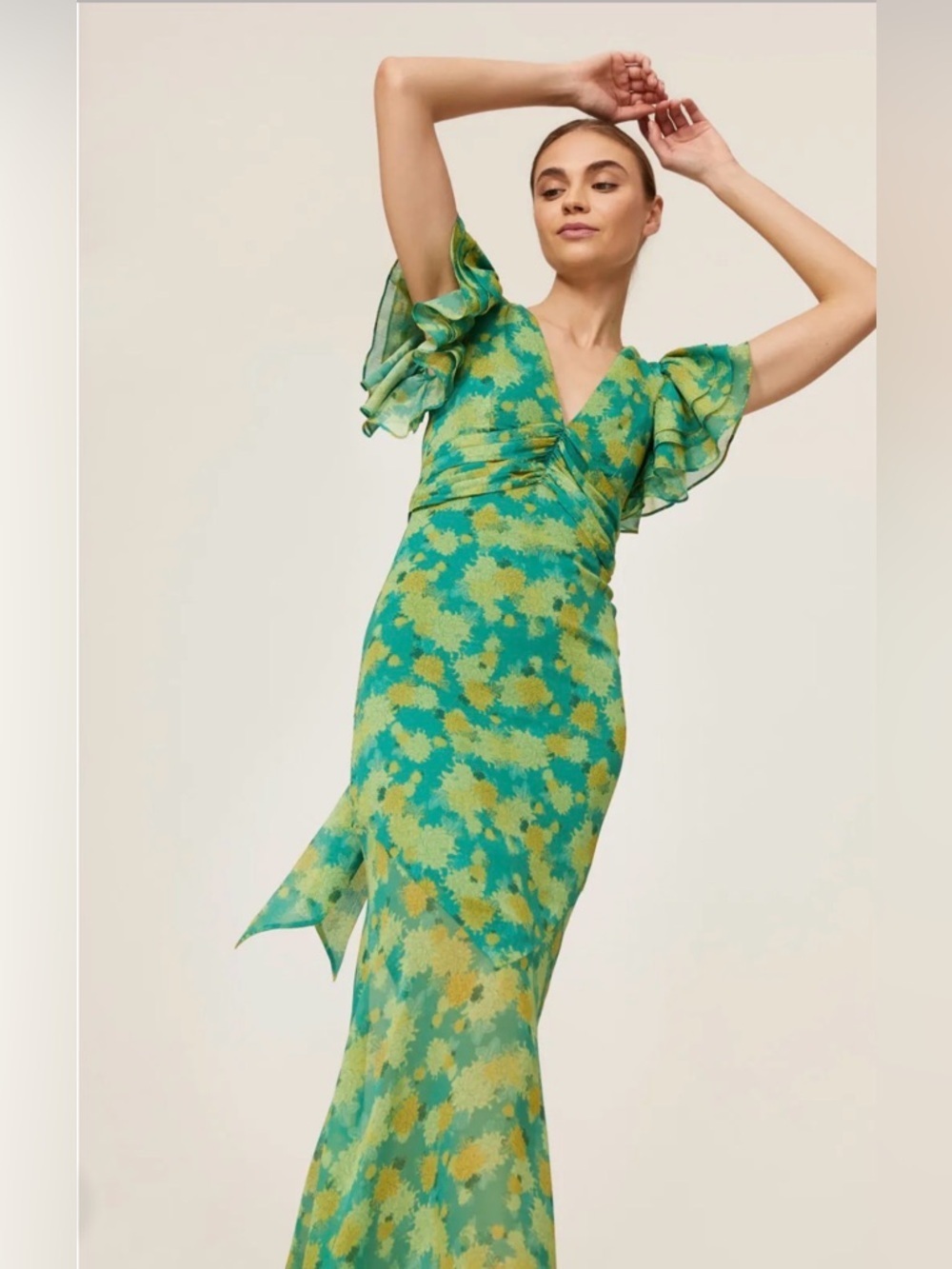 De La Vali 
Palmera Green Floral V-Neck Ruffle-Sleeve Maxi Dress size US 6. - Picture 4 of 12
